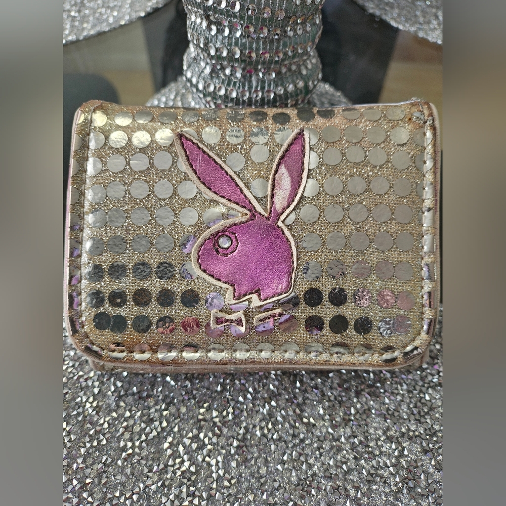 Vintage Y2K Playboy Bunny Wallet Gold Pink Metallic Sequins RARE !!!